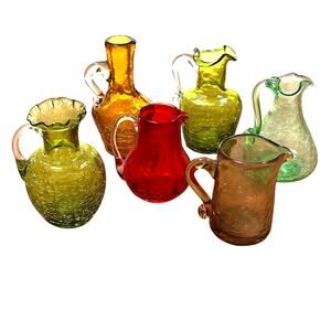 Vintage LOT (6) mid century crackle art glass bottles pitchers pontils Pilgrim?